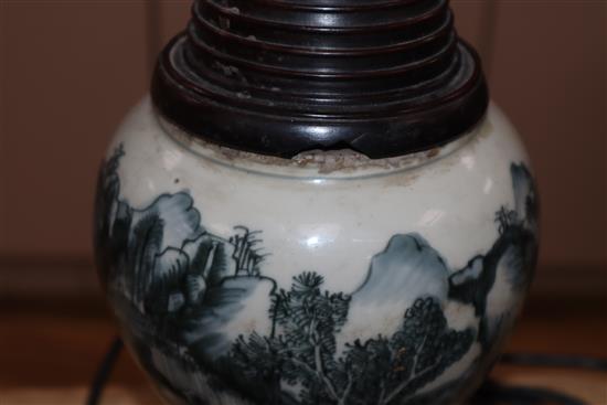 A Chinese Kangxi period blue and white vase, converted to a lamp and a 19th century Chinese famille rose vase (a.f.) tallest 36cm
